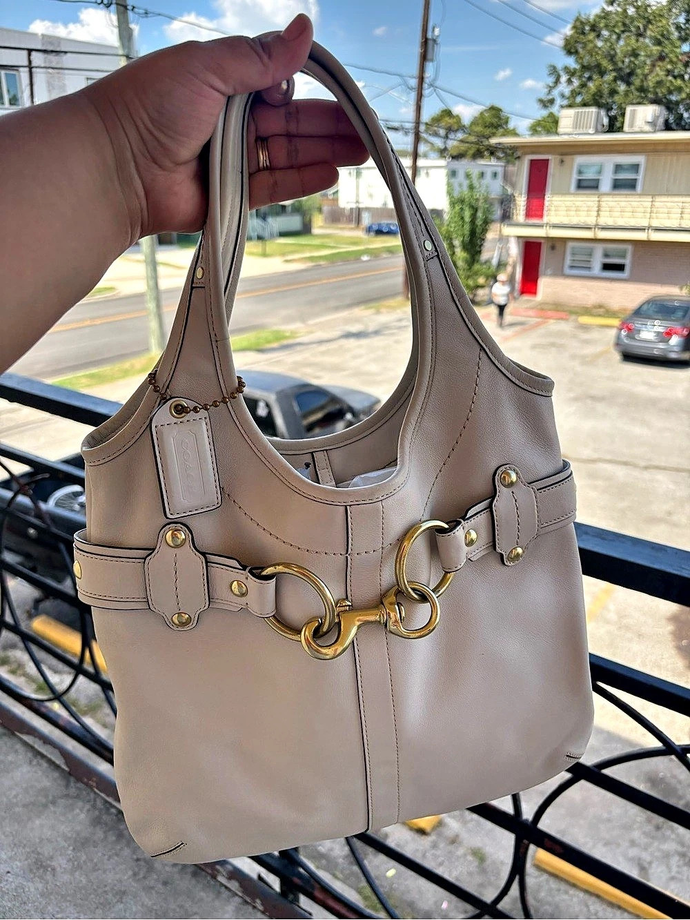 Coach Soho Hobo Leather-Trim Bag in Beige